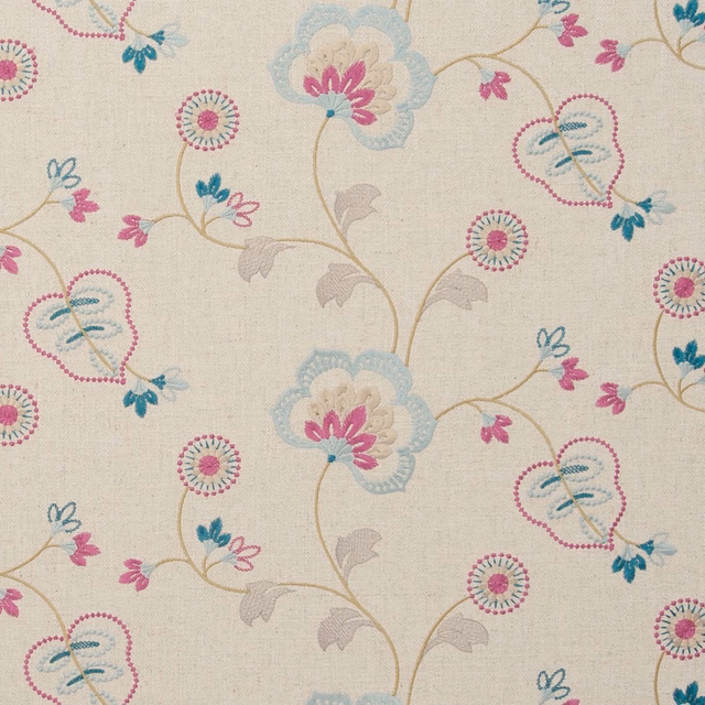 Soft duckegg floral weave with raspberry blossoms, teal leaves and taupe stems