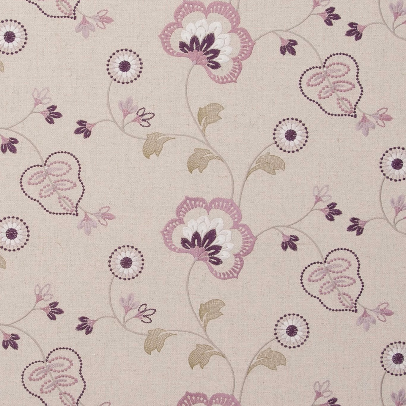 Cream floral fabric with orchid pink blooms, plum details and taupe trailing leaves
