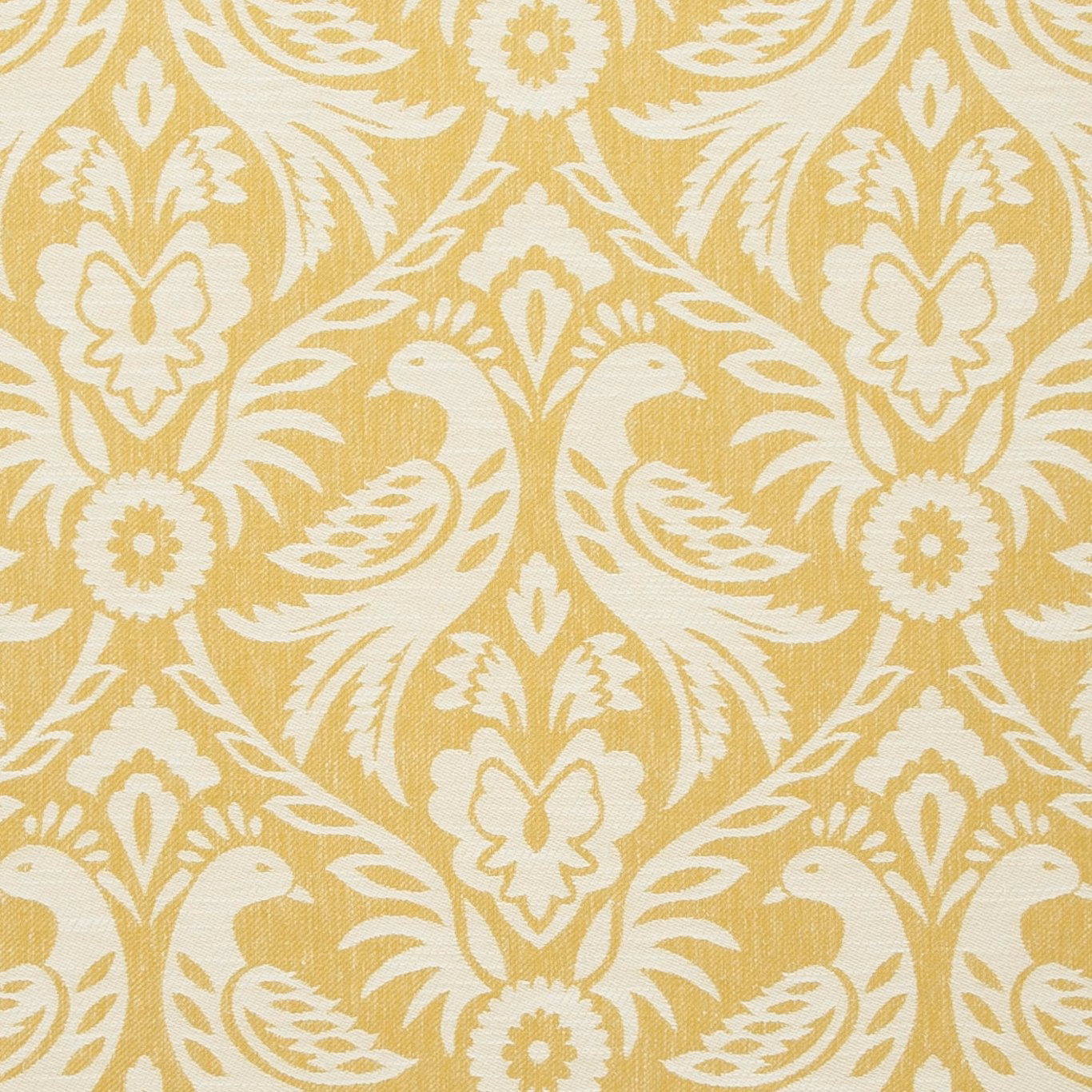 Muted mustard-gold damask with ivory birds, flowers and fine woven texture