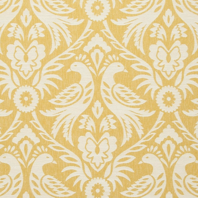 Muted mustard-gold damask with ivory birds, flowers and fine woven texture