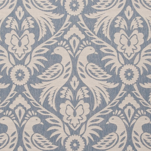 Muted chambray blue fabric with cream damask flowers, birds and leafy scrolls