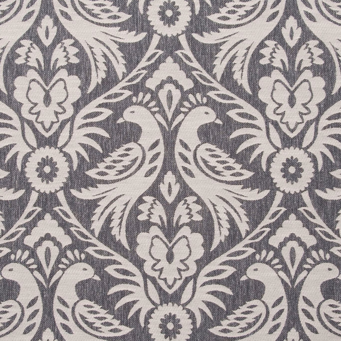 Charcoal and ivory woven damask with scrolling foliage and floral motifs