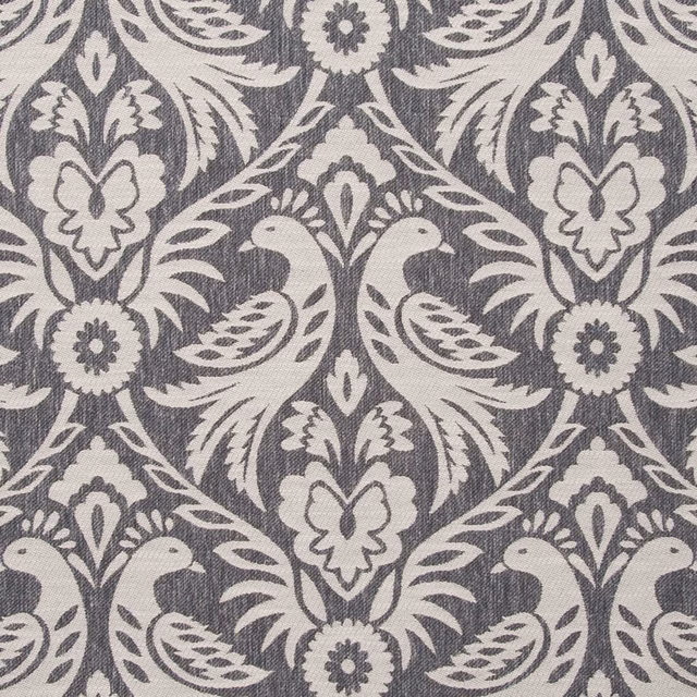 Charcoal and ivory woven damask with scrolling foliage and floral motifs