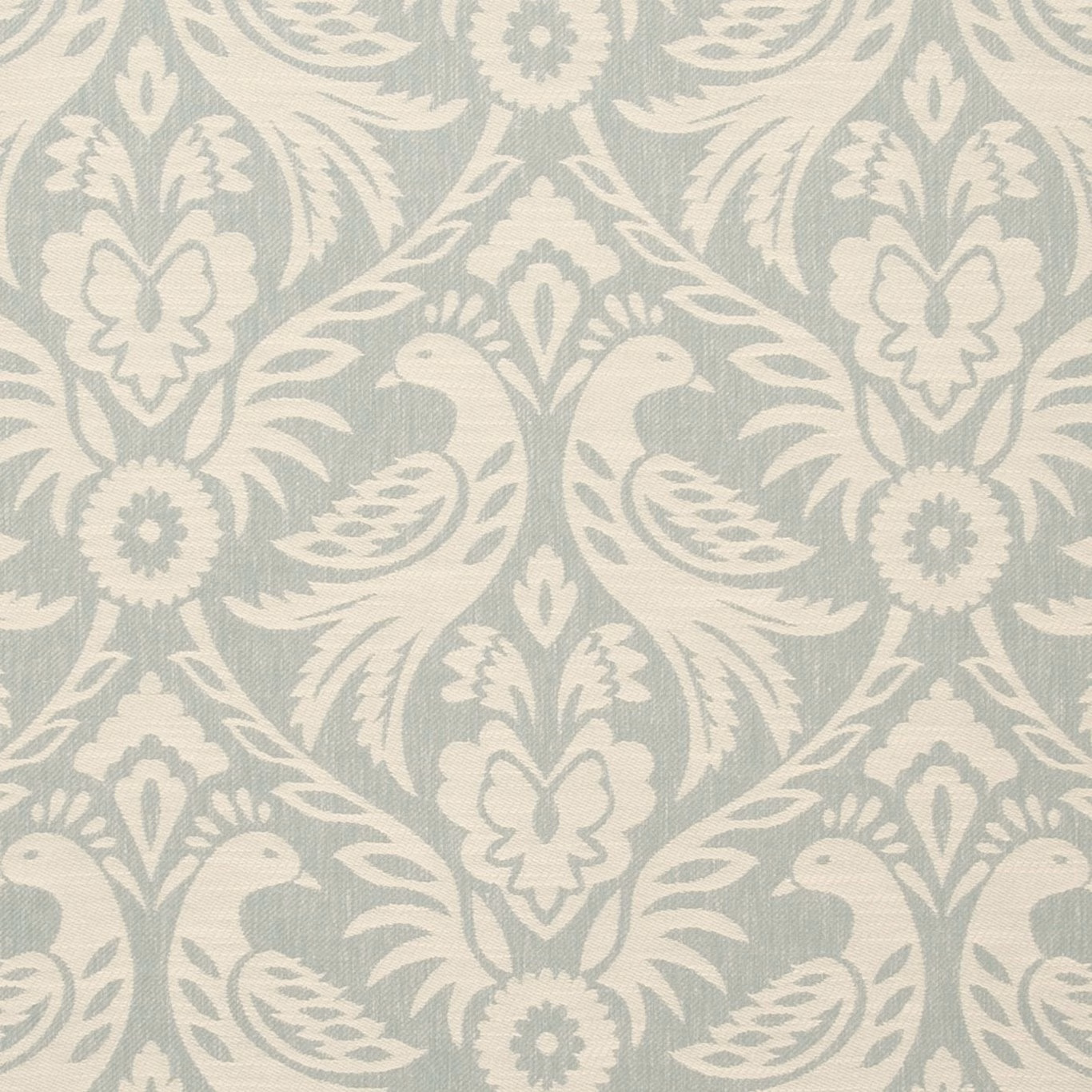 Muted duckegg damask with ivory birds, flowers and fine woven texture