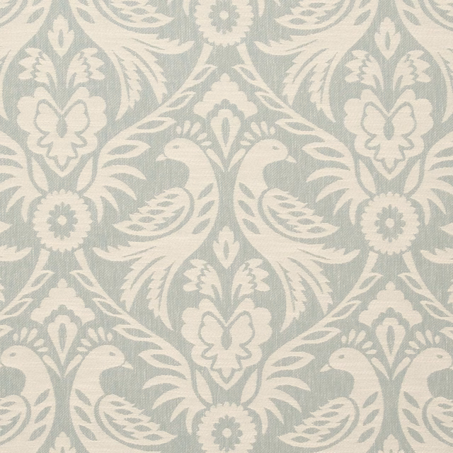 Muted duckegg damask with ivory birds, flowers and fine woven texture