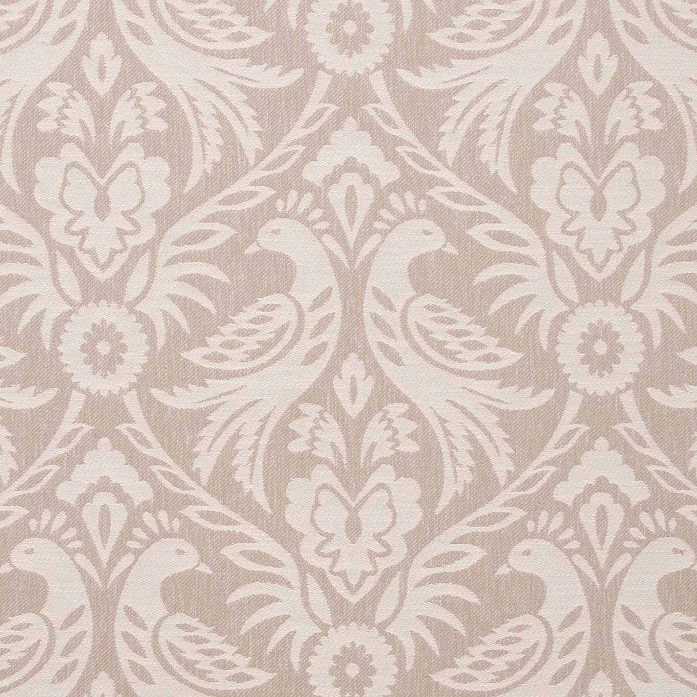 Warm taupe textile with ivory damask birds, flowers and fine woven texture