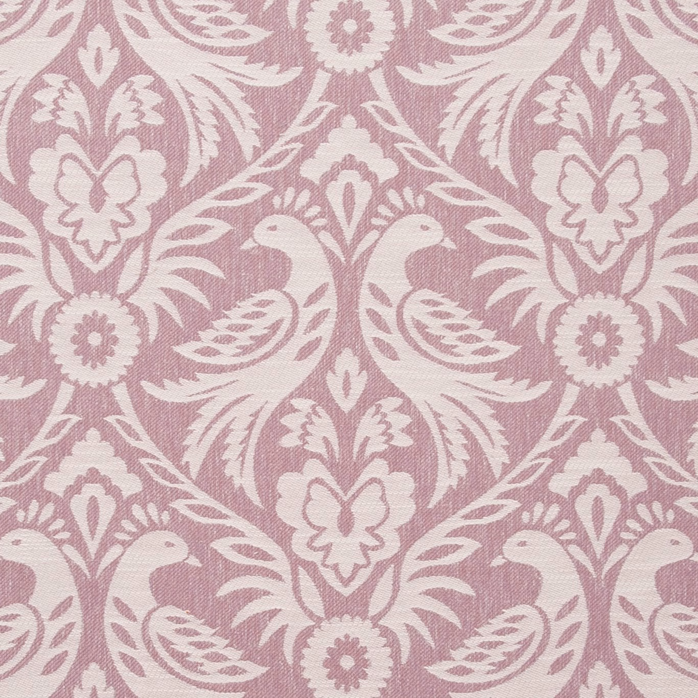 Dusty orchid pink damask with ivory birds, flowers and visible woven texture