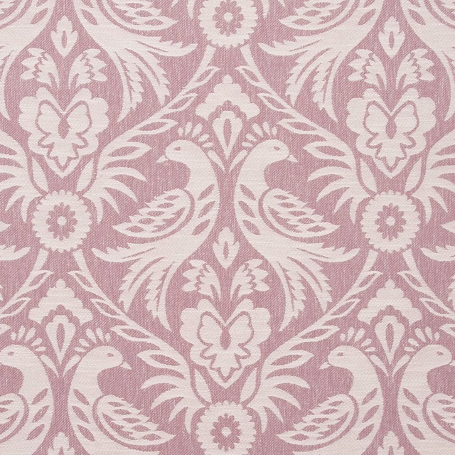 Dusty orchid pink damask with ivory birds, flowers and visible woven texture