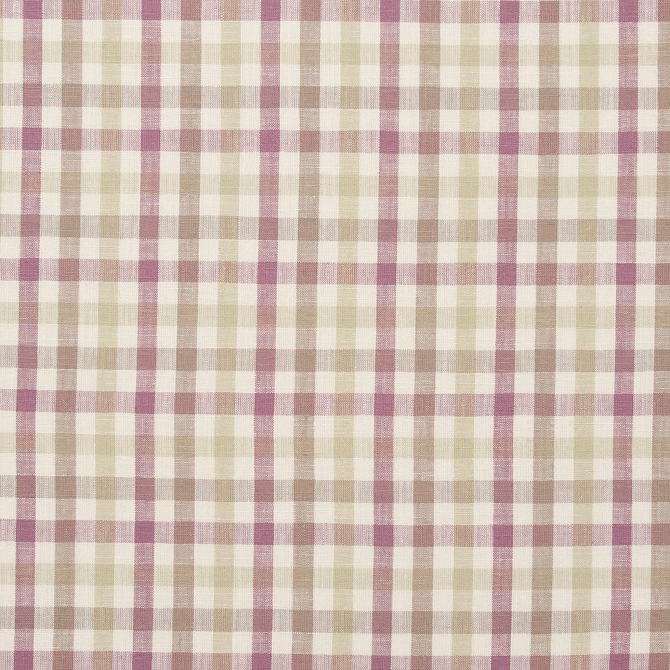 Muted orchid, sage and taupe woven check on a creamy ivory ground