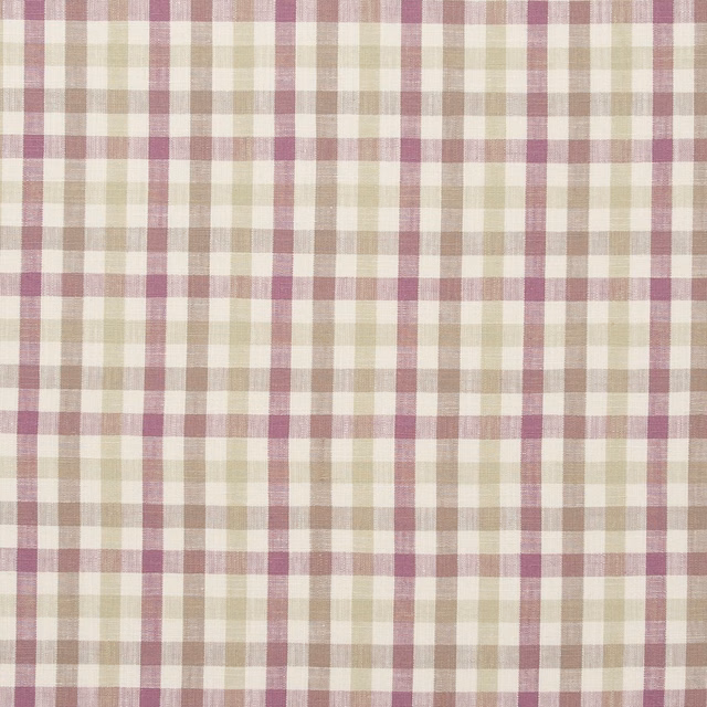 Muted orchid, sage and taupe woven check on a creamy ivory ground