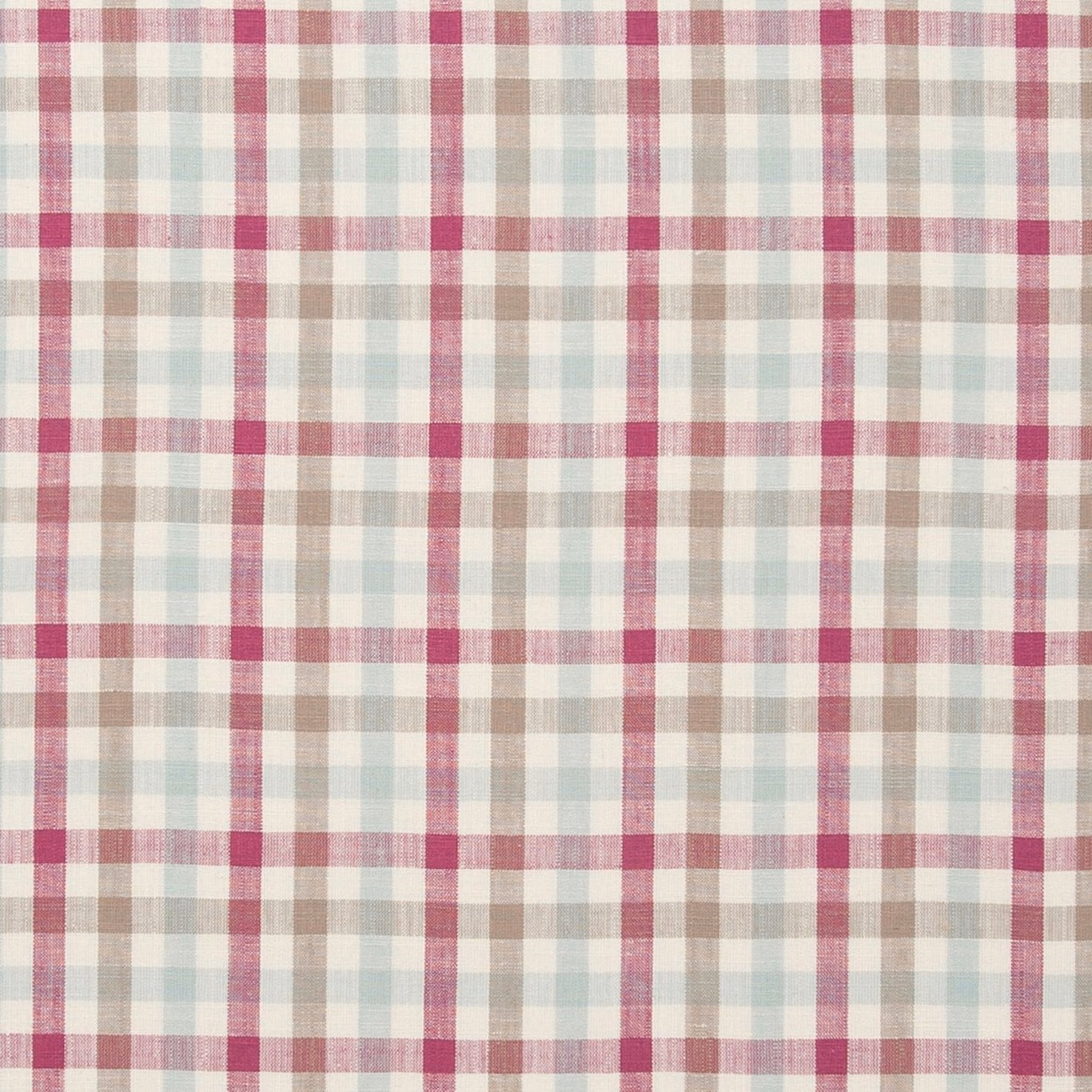 Raspberry, cream, aqua and taupe woven plaid with softened checked texture