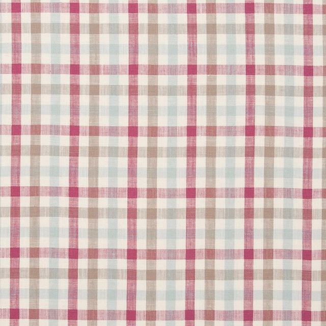 Raspberry, cream, aqua and taupe woven plaid with softened checked texture