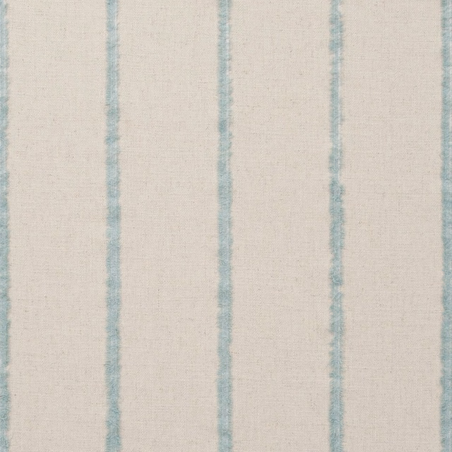 Creamy woven fabric with soft duckegg-blue vertical stripes and slubby texture