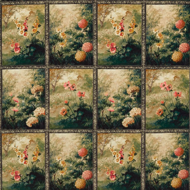 Moss-green floral garden panels with coral blooms and dark ornamental borders