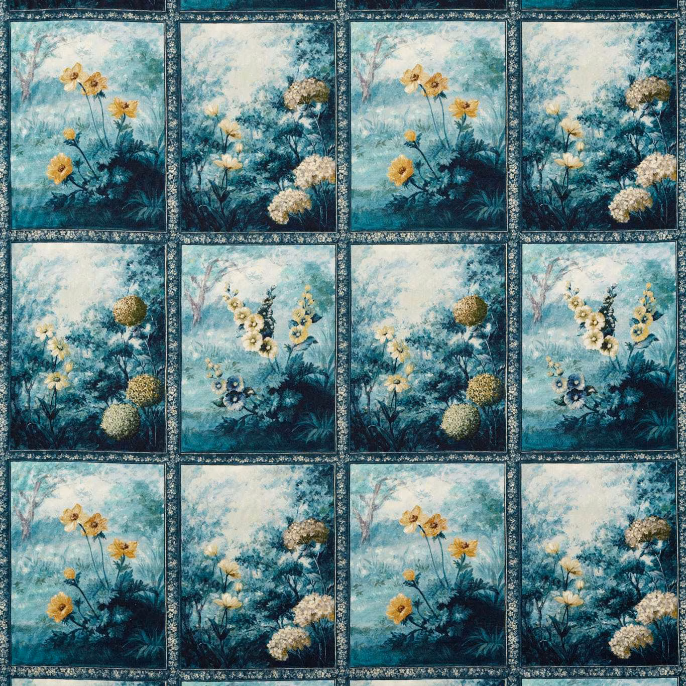 Denim and ochre botanical panels with teal foliage and ornate dark borders