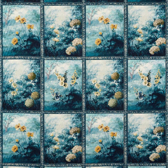 Denim and ochre botanical panels with teal foliage and ornate dark borders