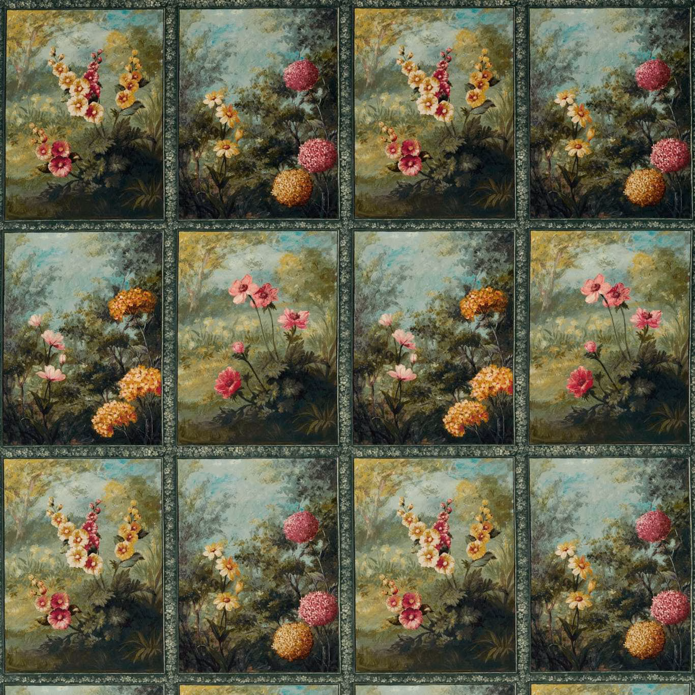 Forest-green floral panels with raspberry blooms, ochre flowers and misty teal ground