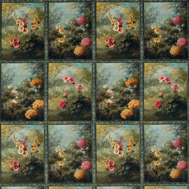 Forest-green floral panels with raspberry blooms, ochre flowers and misty teal ground
