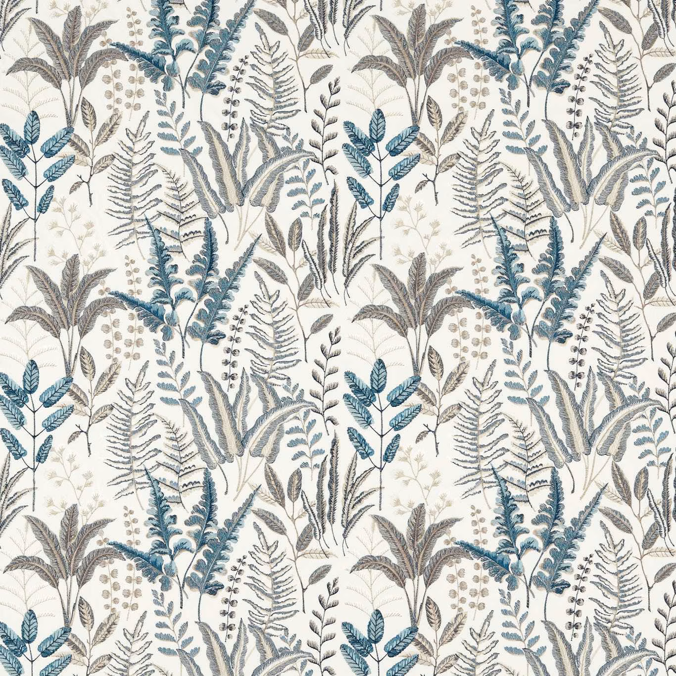 Cream botanical fabric with denim-blue leaves, grey foliage and fine taupe stems