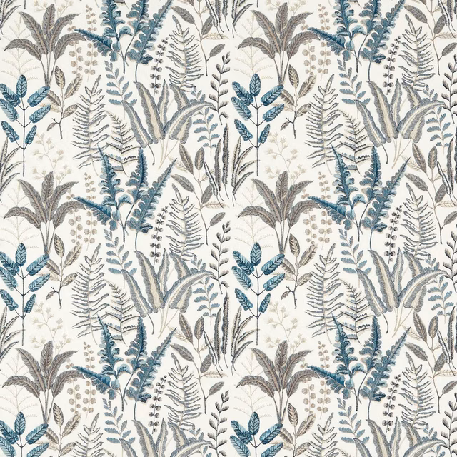 Cream botanical fabric with denim-blue leaves, grey foliage and fine taupe stems