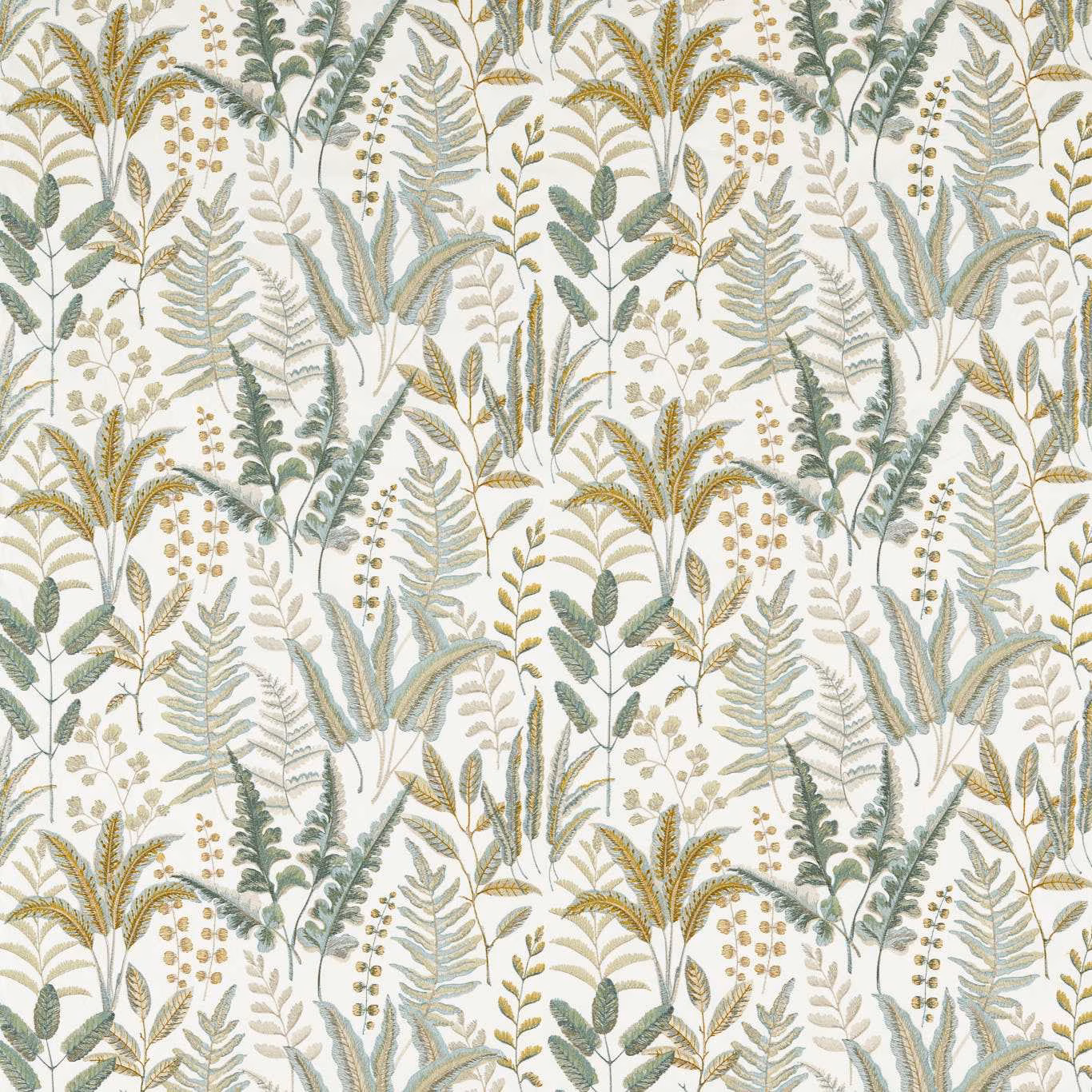 Cream botanical fabric with sage fern fronds, blue-green leaves and ochre sprigs