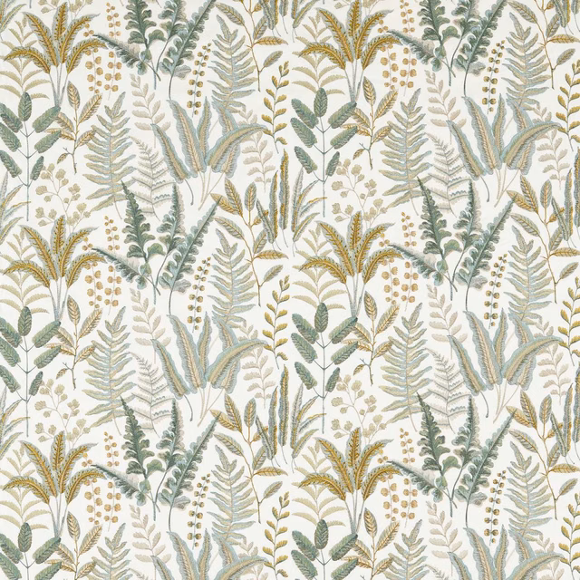 Cream botanical fabric with sage fern fronds, blue-green leaves and ochre sprigs