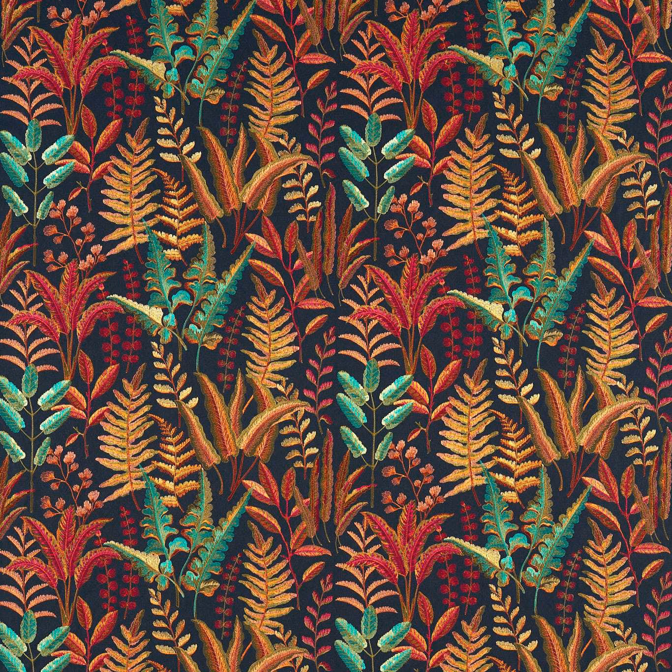 Dense russet, aqua and teal fern motifs woven over a charcoal ground