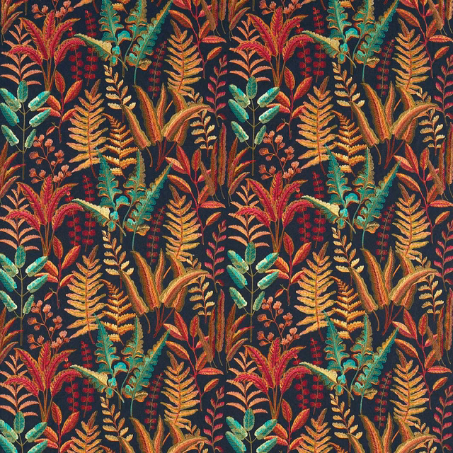 Dense russet, aqua and teal fern motifs woven over a charcoal ground