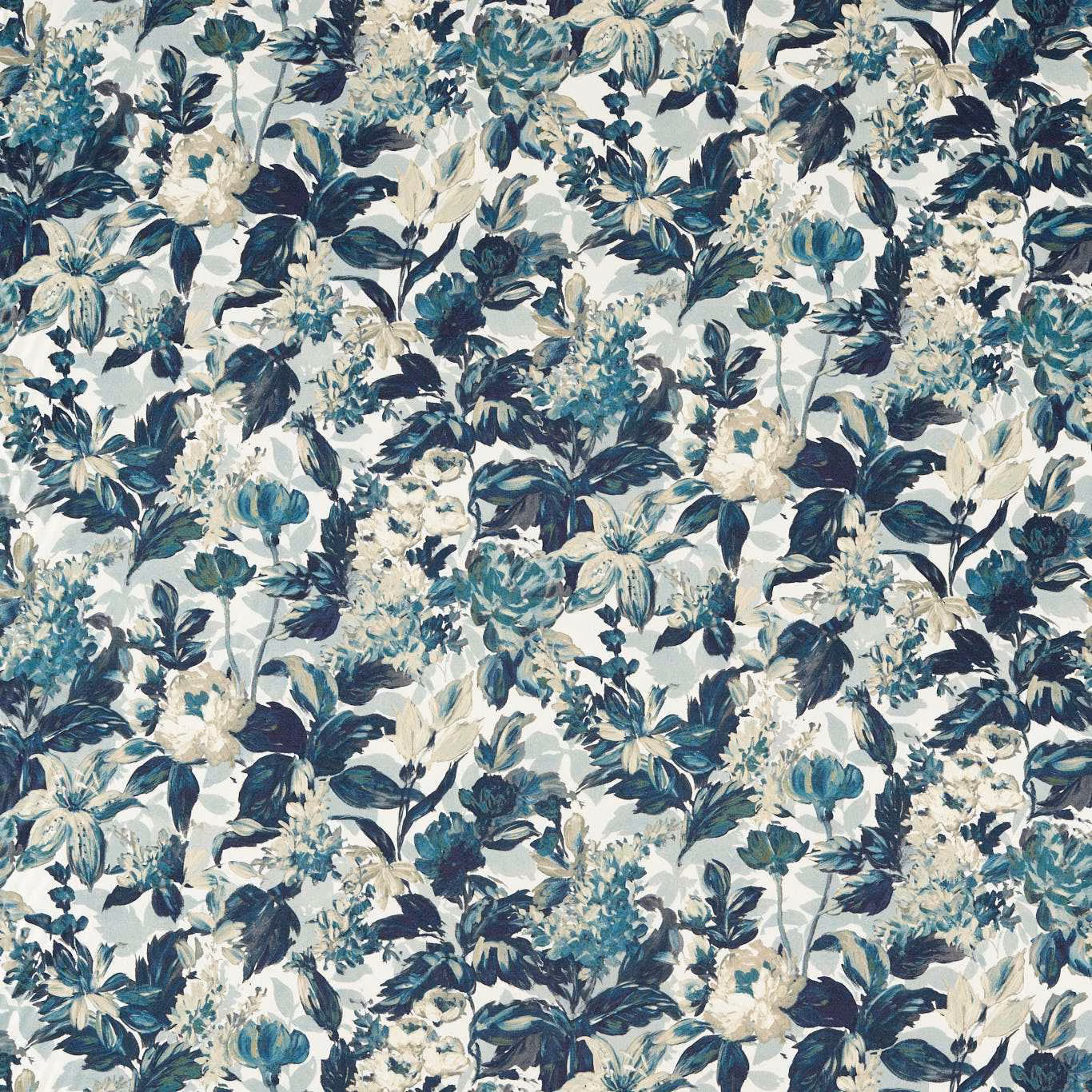 Cool denim-blue and ivory floral pattern with teal leaves and painterly blooms