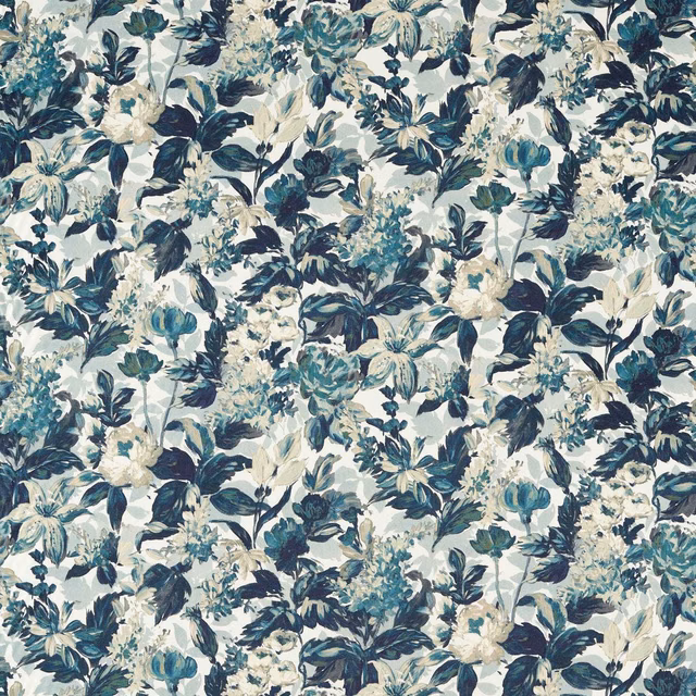 Cool denim-blue and ivory floral pattern with teal leaves and painterly blooms