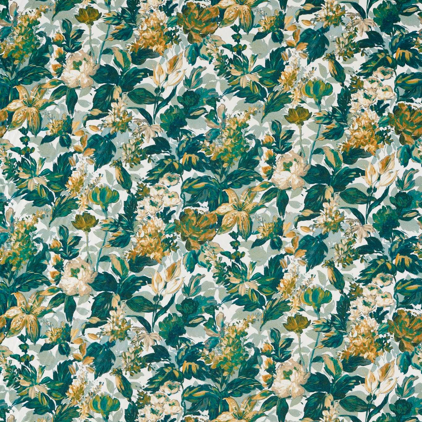 Cool green floral fabric with cream blooms, ochre accents and dense painted foliage