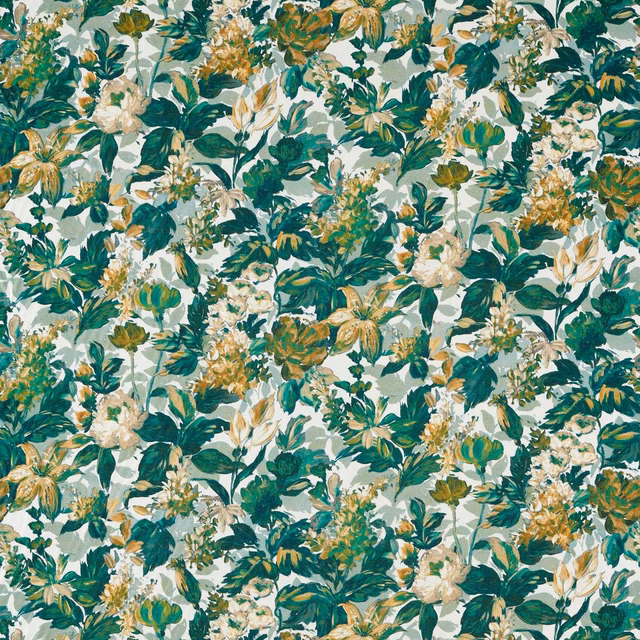 Cool green floral fabric with cream blooms, ochre accents and dense painted foliage