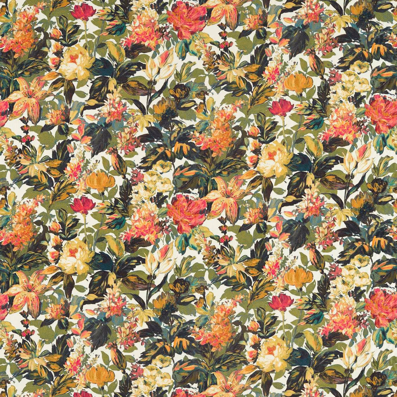 Dense olive floral with raspberry peonies, cream blooms and dark leafy brushwork