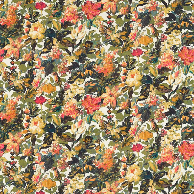 Dense olive floral with raspberry peonies, cream blooms and dark leafy brushwork