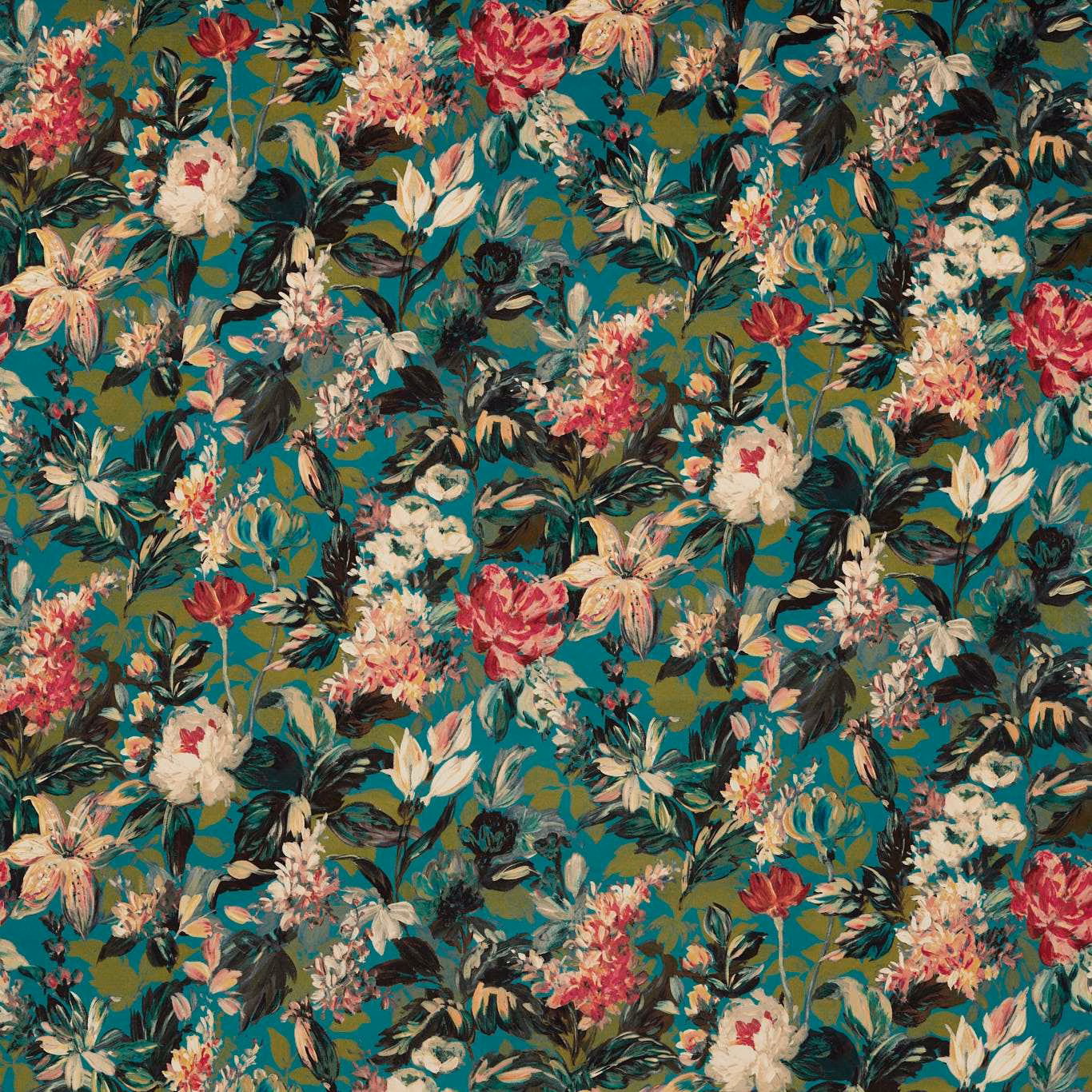 Dense peacock-teal floral fabric with crimson, cream and blush blooms