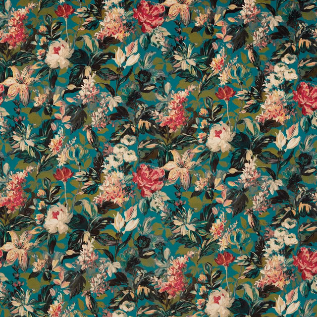 Dense peacock-teal floral fabric with crimson, cream and blush blooms