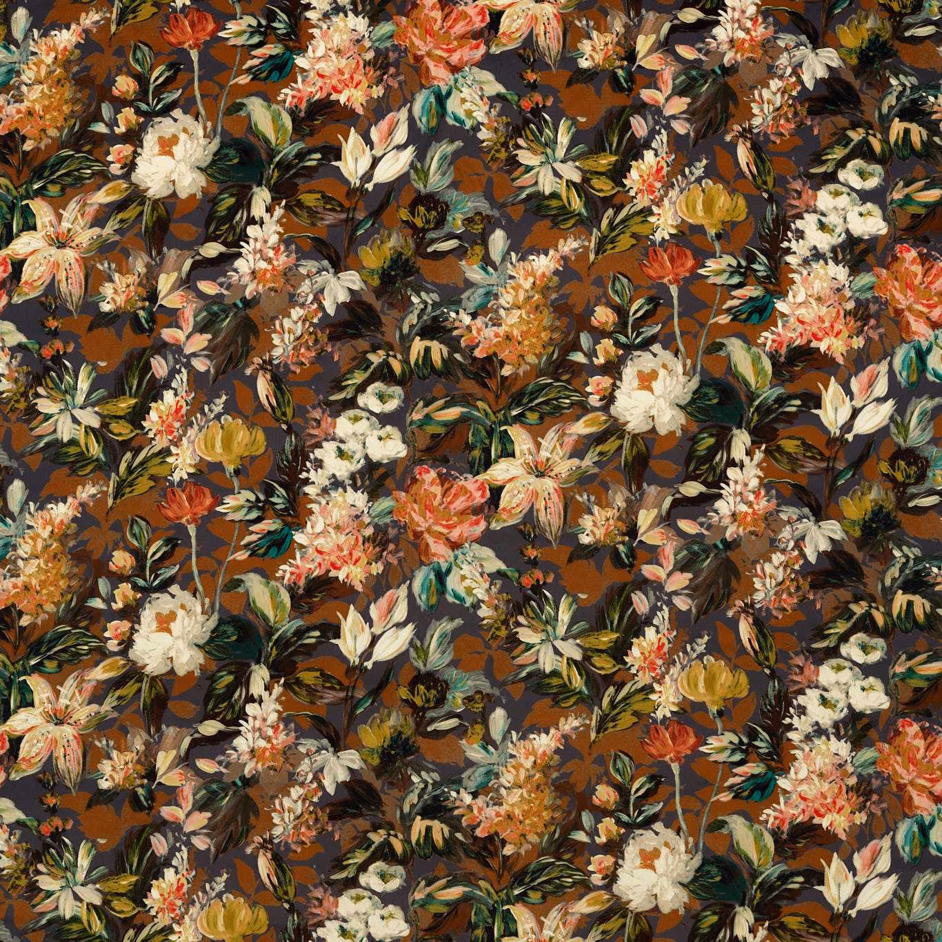 Dense russet and noir floral textile with cream blooms and painterly foliage
