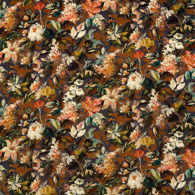 Dense russet and noir floral textile with cream blooms and painterly foliage
