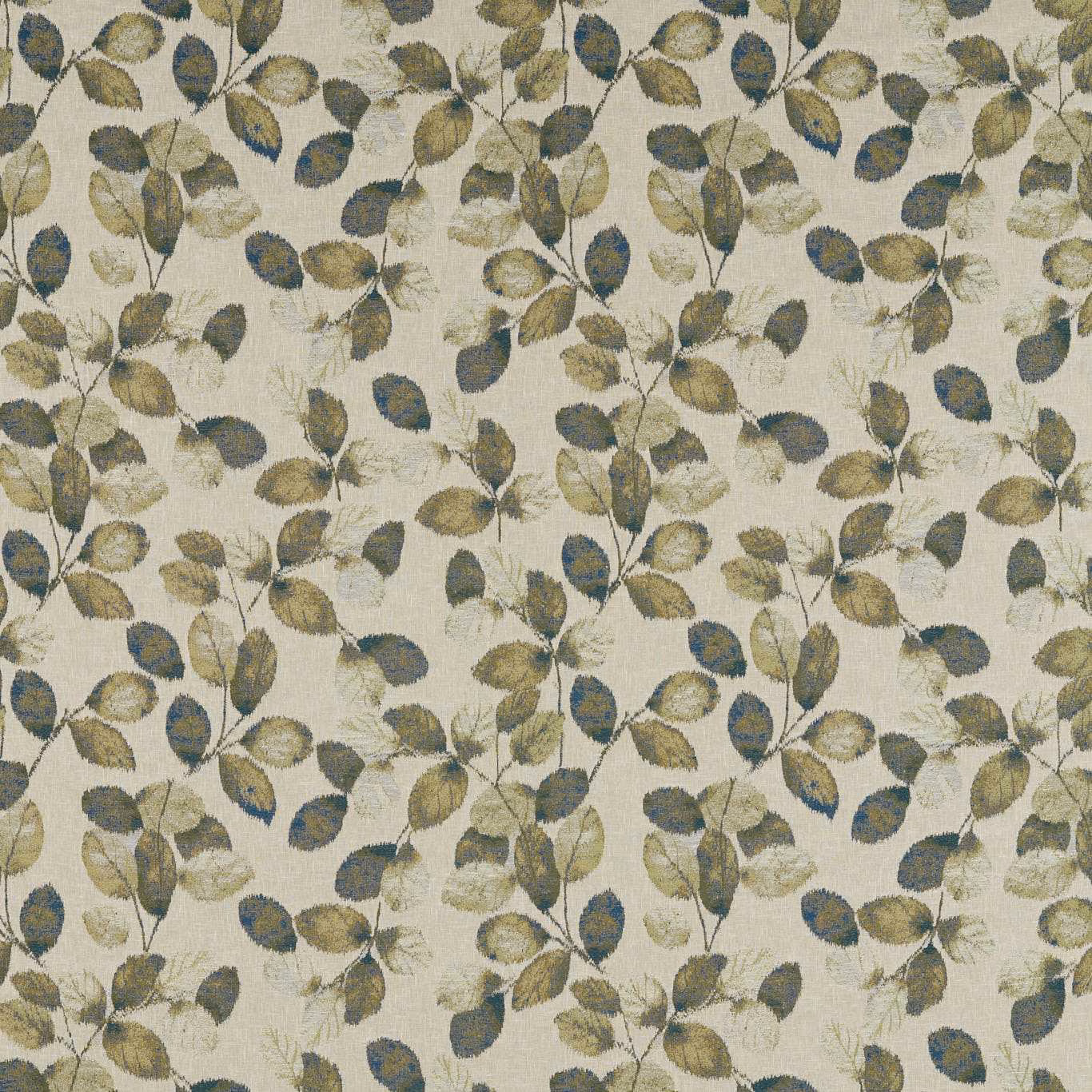 Pale woven ground with olive and peacock-blue leafy botanical sprigs