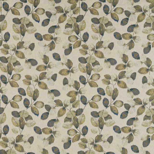 Pale woven ground with olive and peacock-blue leafy botanical sprigs