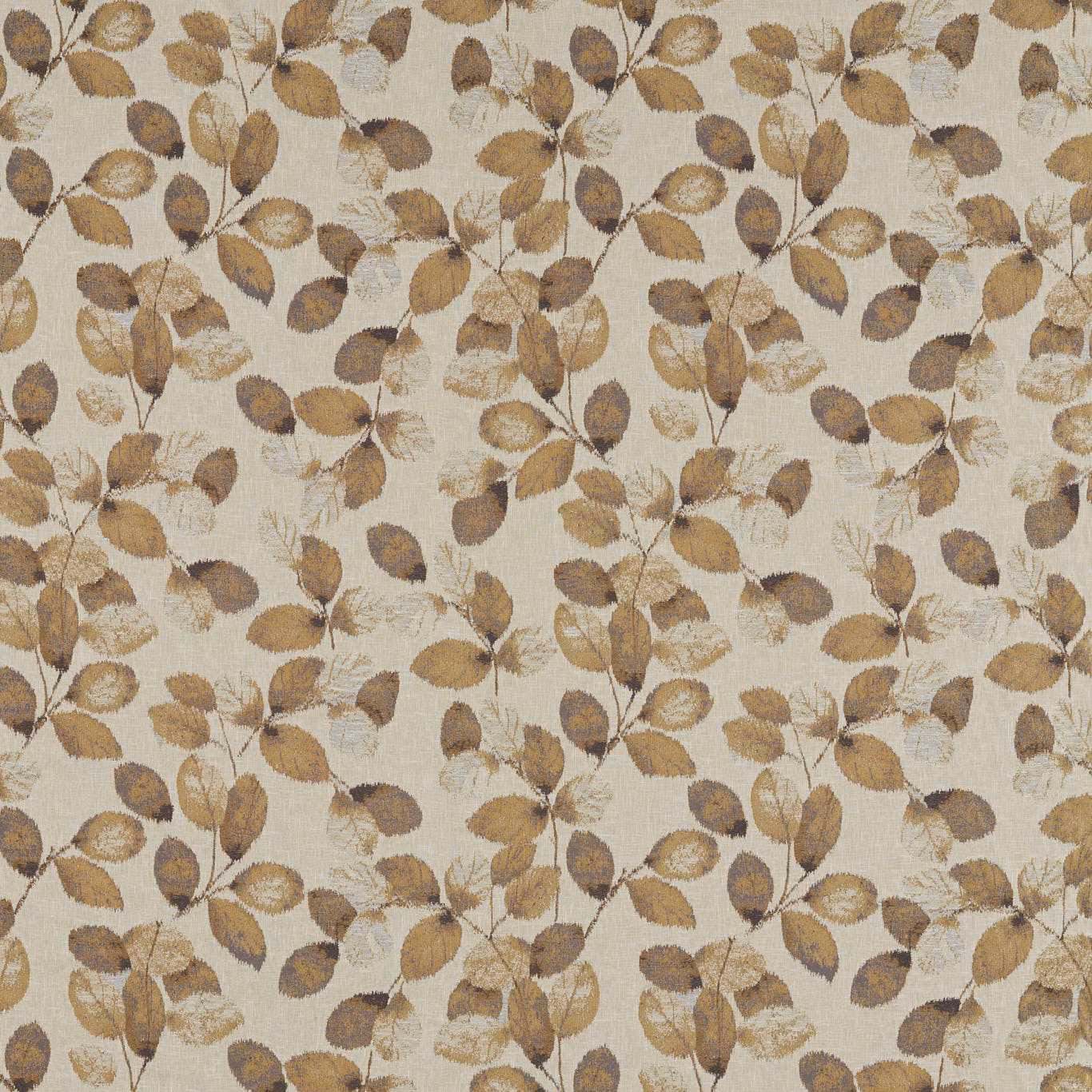Pewter taupe leaf branches woven across a softly textured cream fabric ground