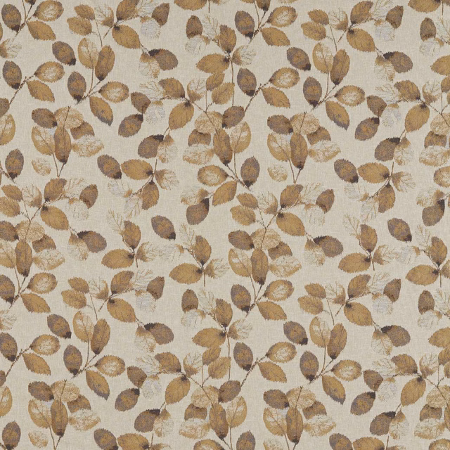 Pewter taupe leaf branches woven across a softly textured cream fabric ground