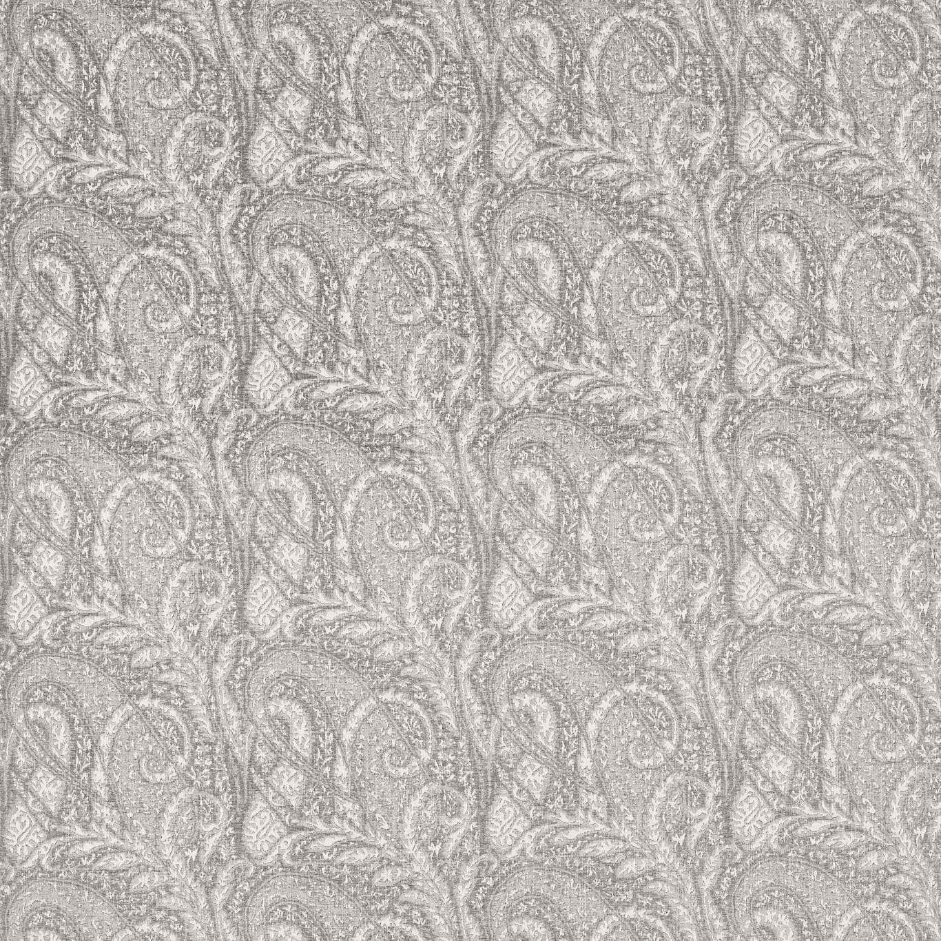 Pale dove-grey woven paisley with intricate tonal curls and a softly textured surface