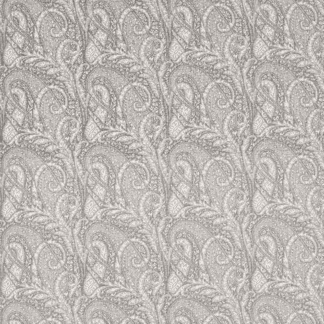 Pale dove-grey woven paisley with intricate tonal curls and a softly textured surface