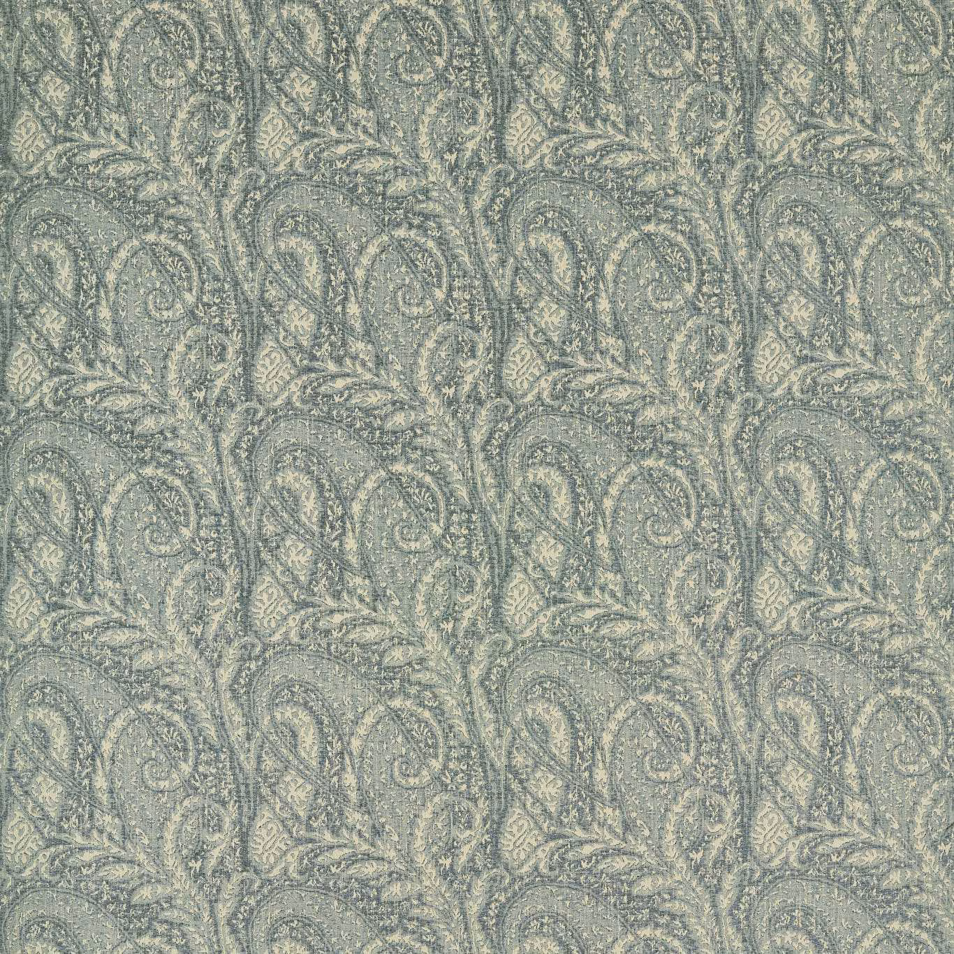 Muted eau de nil green woven fabric with cream paisley and curling leaf motifs