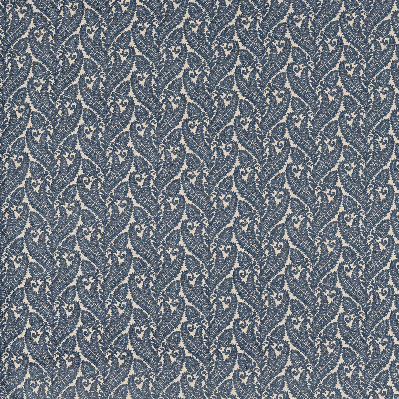 Muted denim-blue paisley curls woven across a pale blue-grey ground