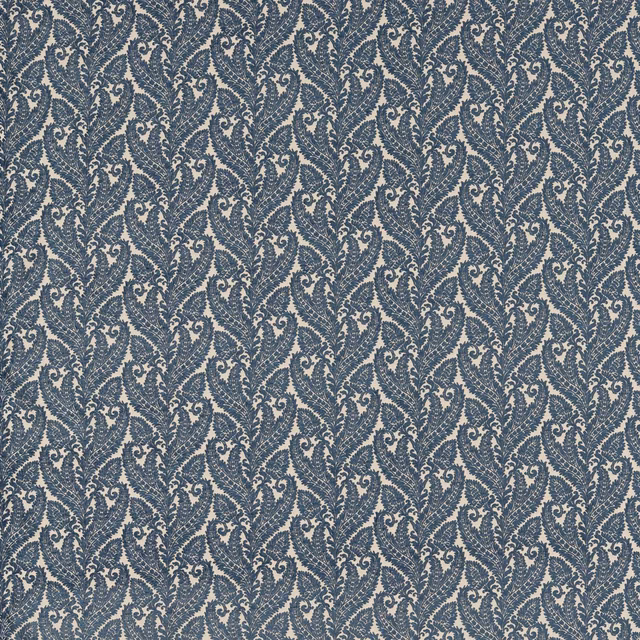 Muted denim-blue paisley curls woven across a pale blue-grey ground