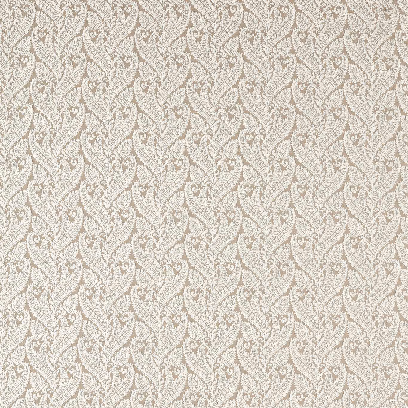 Warm ivory fabric with fine mocha paisley damask scrolls in a textured weave