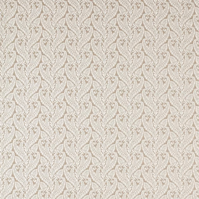 Warm ivory fabric with fine mocha paisley damask scrolls in a textured weave