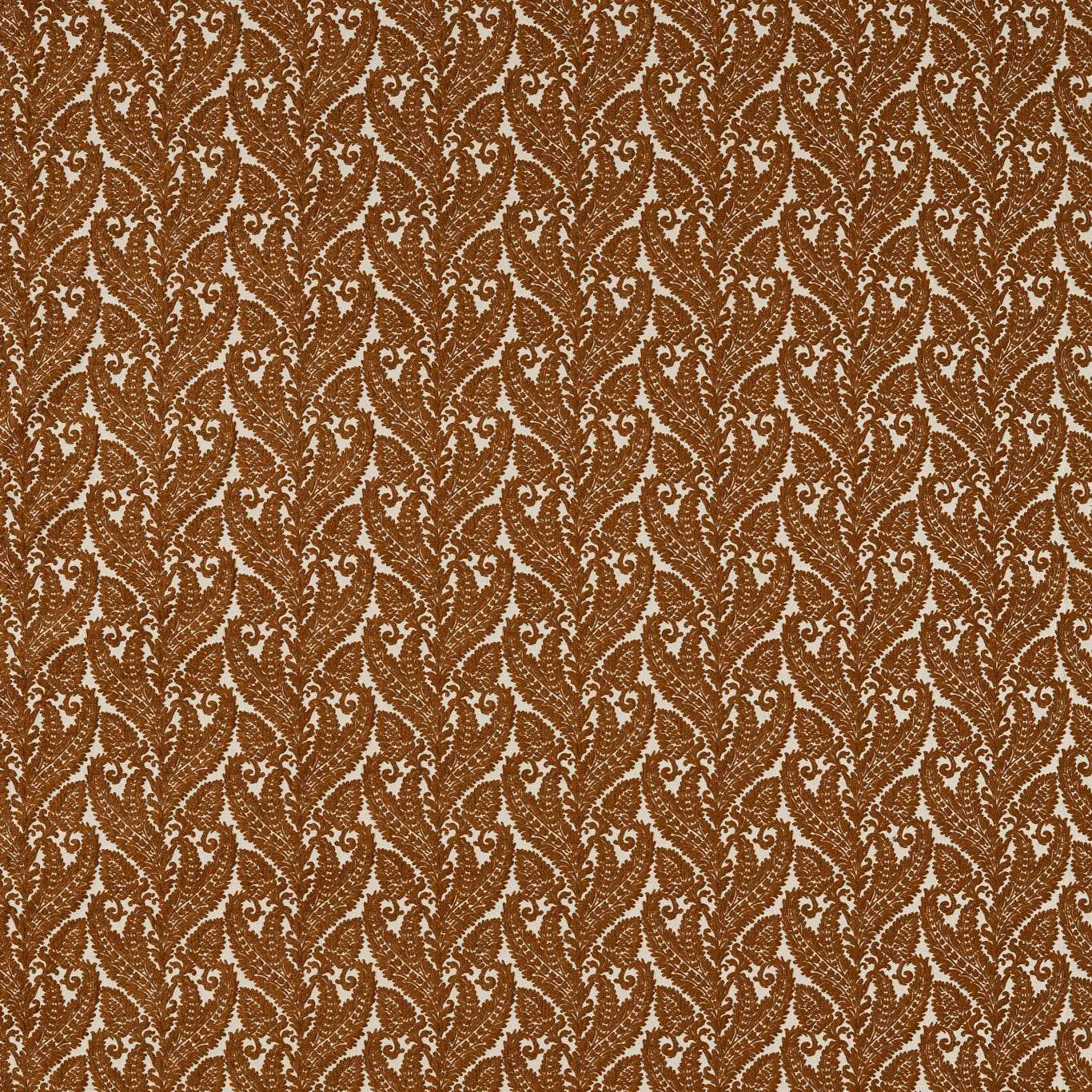 Close view of russet brown woven paisleys with cream scrolling foliage details